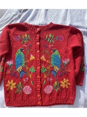 Vtg 1990 Susan Bristol Cardigan Hand Knit  Embroidered Red Size M Grammacore